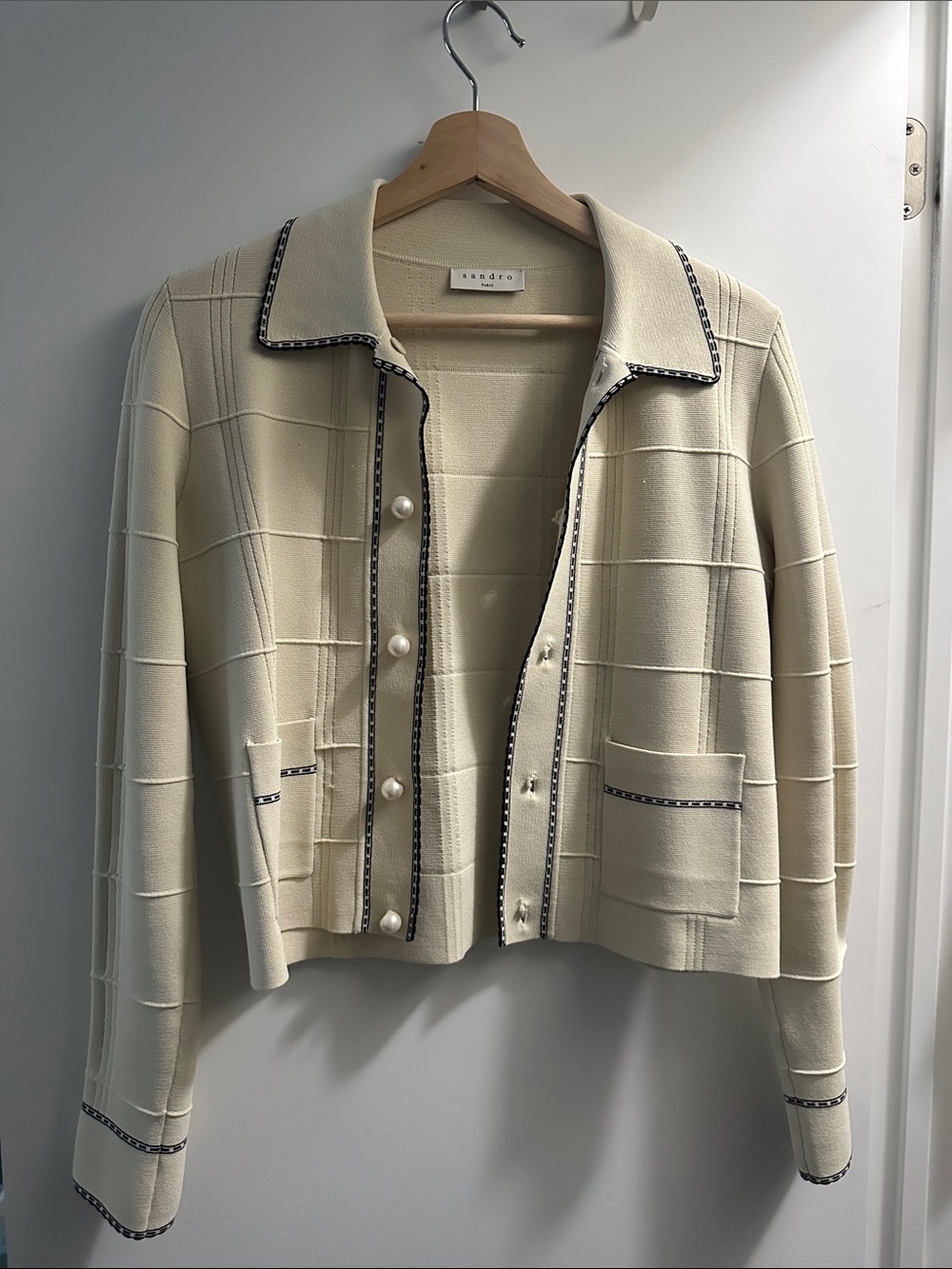 Sandro Cream Knit Pearl-Button Jacket